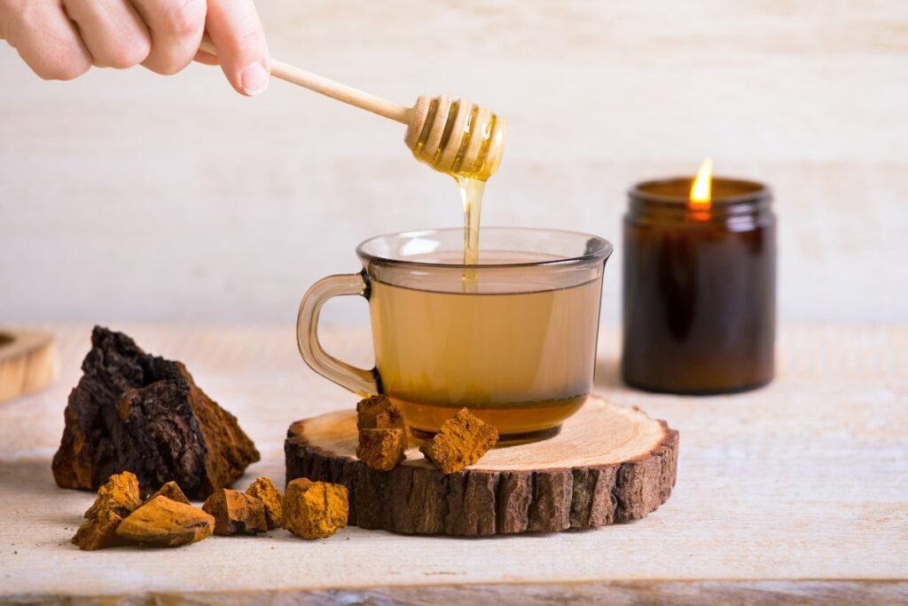 Ceașcă de ceai din pudră de Chaga alaturi de bucăți de ciupercă chaga