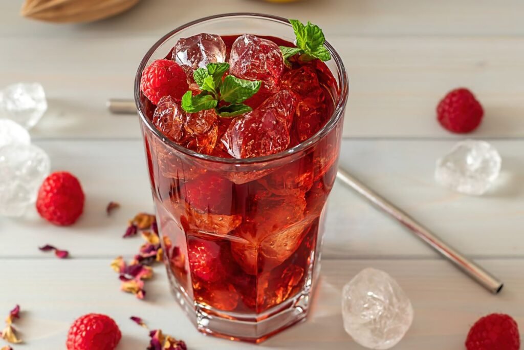Ice tea cu mentă și zmeură în pahar de sticlă